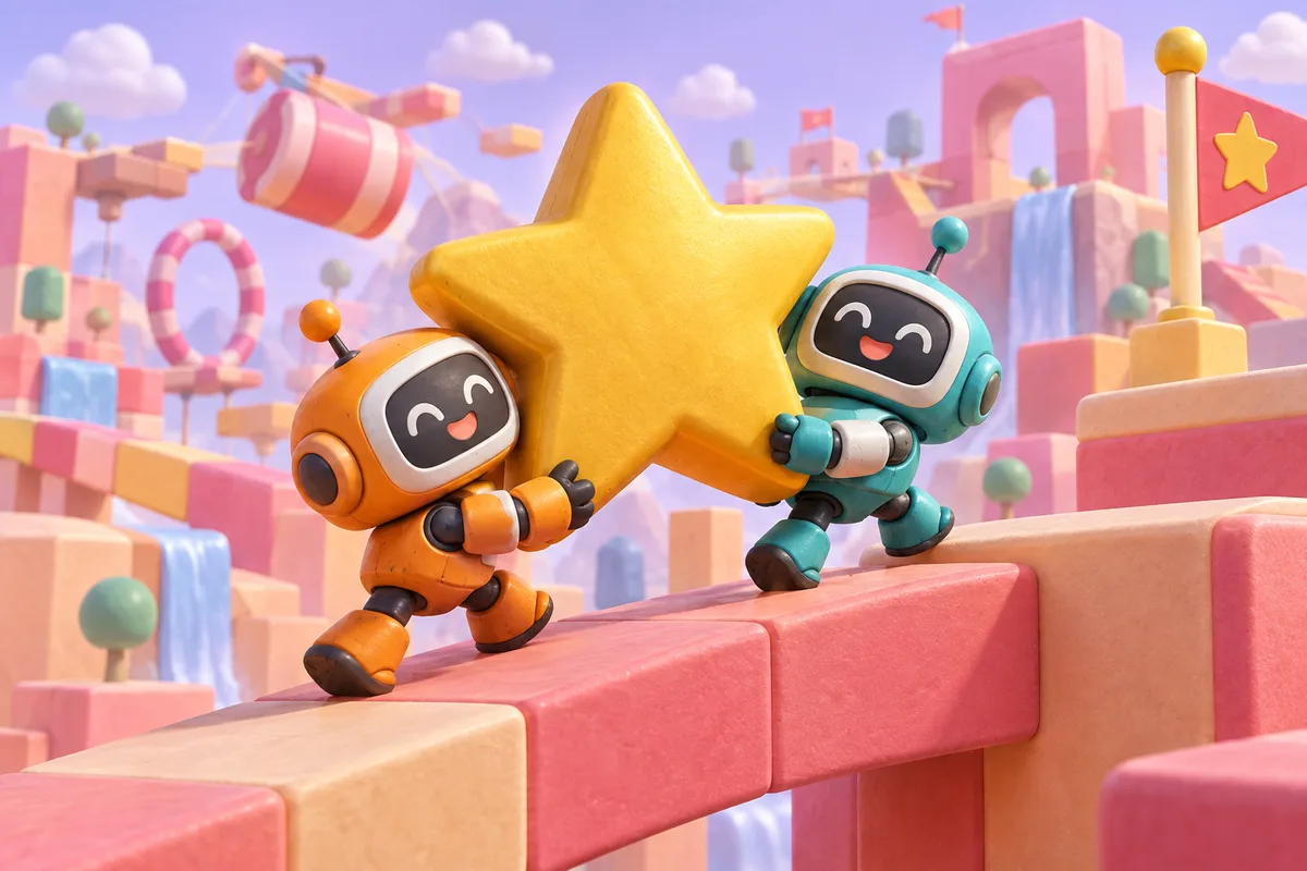Two colorful robots carrying a golden star together