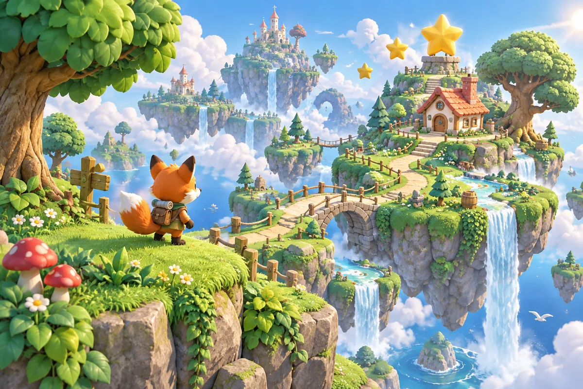 An orange fox exploring a sunny floating island with a little cottage