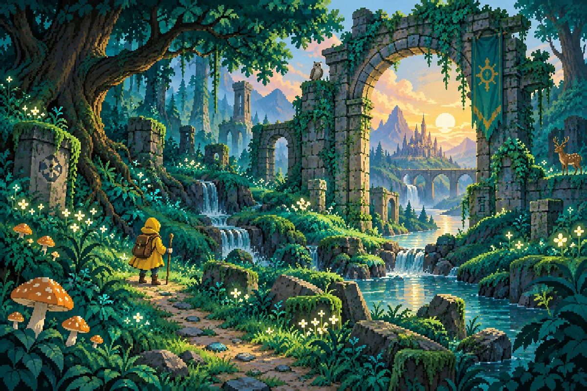 A tiny traveler discovering a sunlit arch in a pixel-art forest